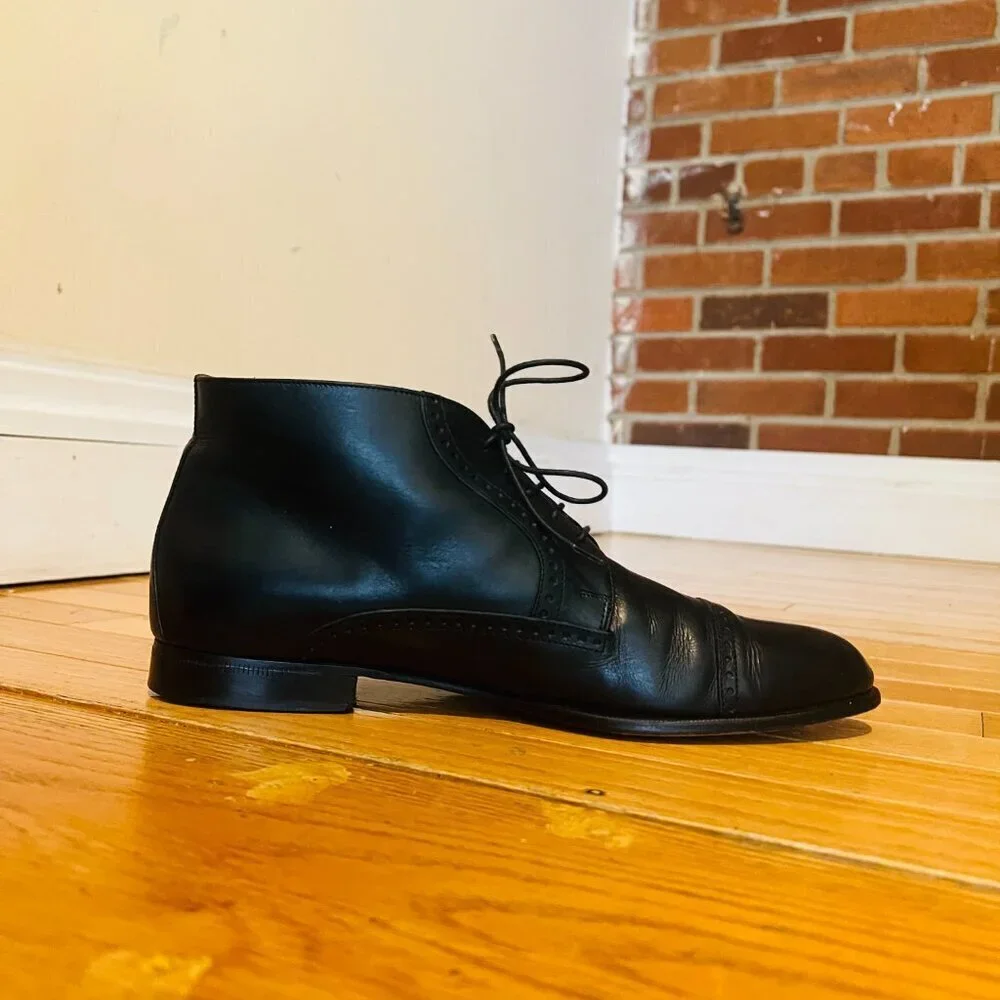 VTG Bostonian Oxford Ankle Boots Mens 9.5  Black Leather Lace Up Chukka Italy